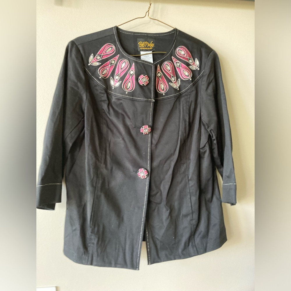 Bob Mackie Wearable Art Jacket Women M Black Pink Jeweled 3/4 Sleeve Collarless